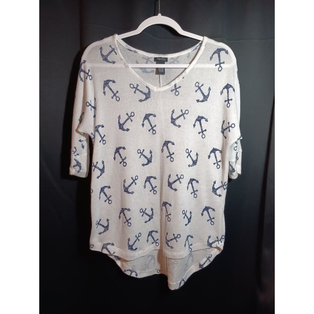Rue 21 White Anchor Short Sleeve Top Large High Low Hem Sheer Knit Coastal Flowy